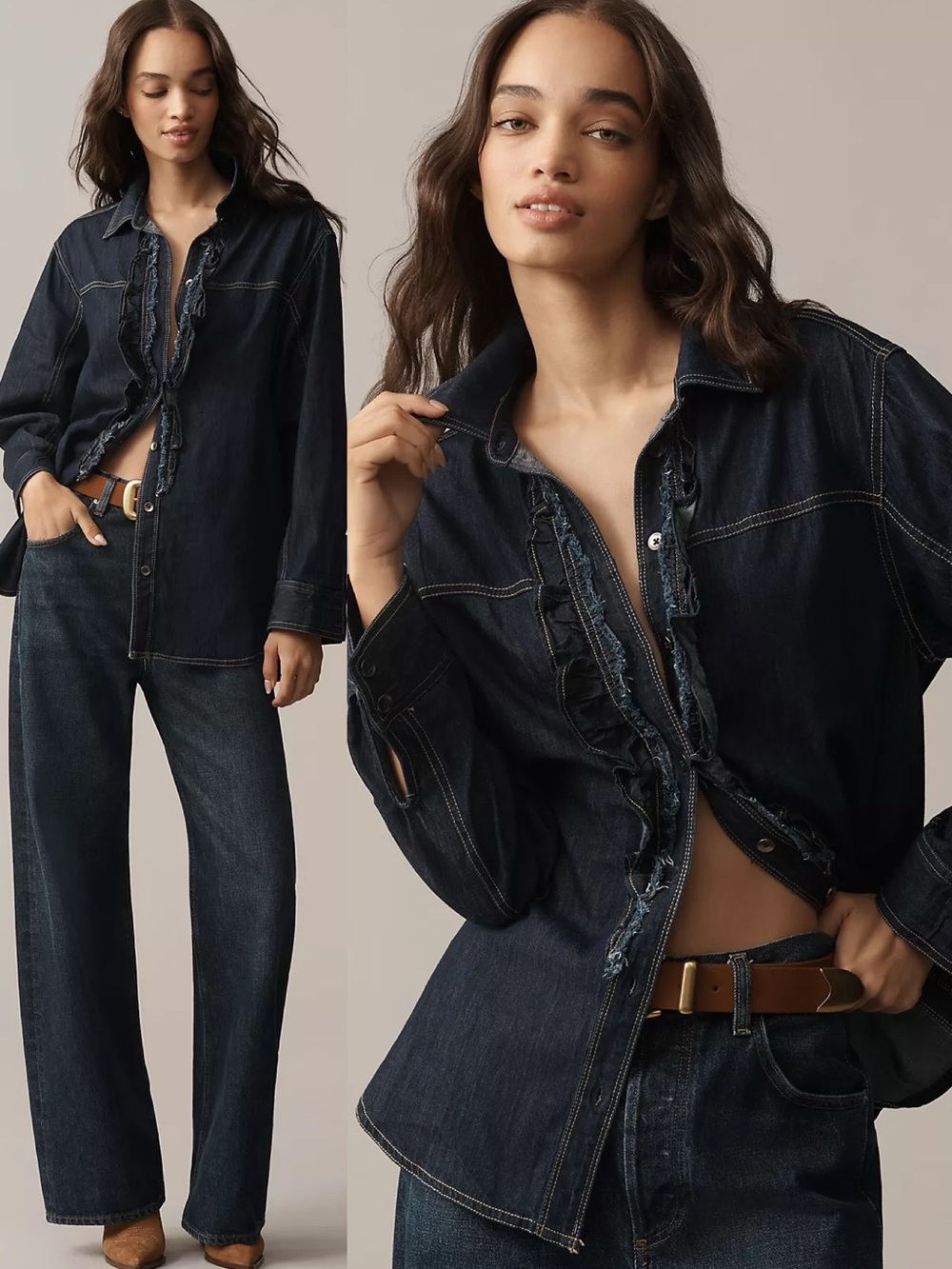 Anthropologie Pilcro Denim Ruffle Buttondown Tunic Shirt
